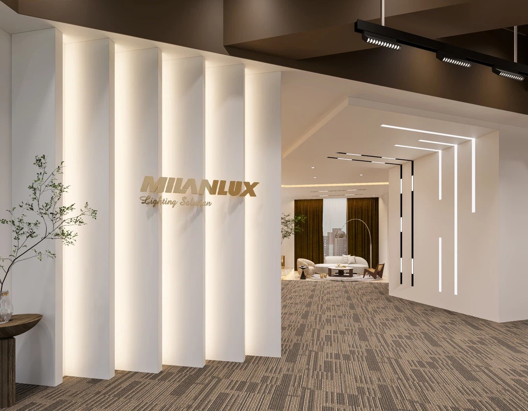 The image showcases the modern interior of the Milanlux factory The space features a sleek and elegant design with illuminated vertical panels on the walls creating a stylish ambiance