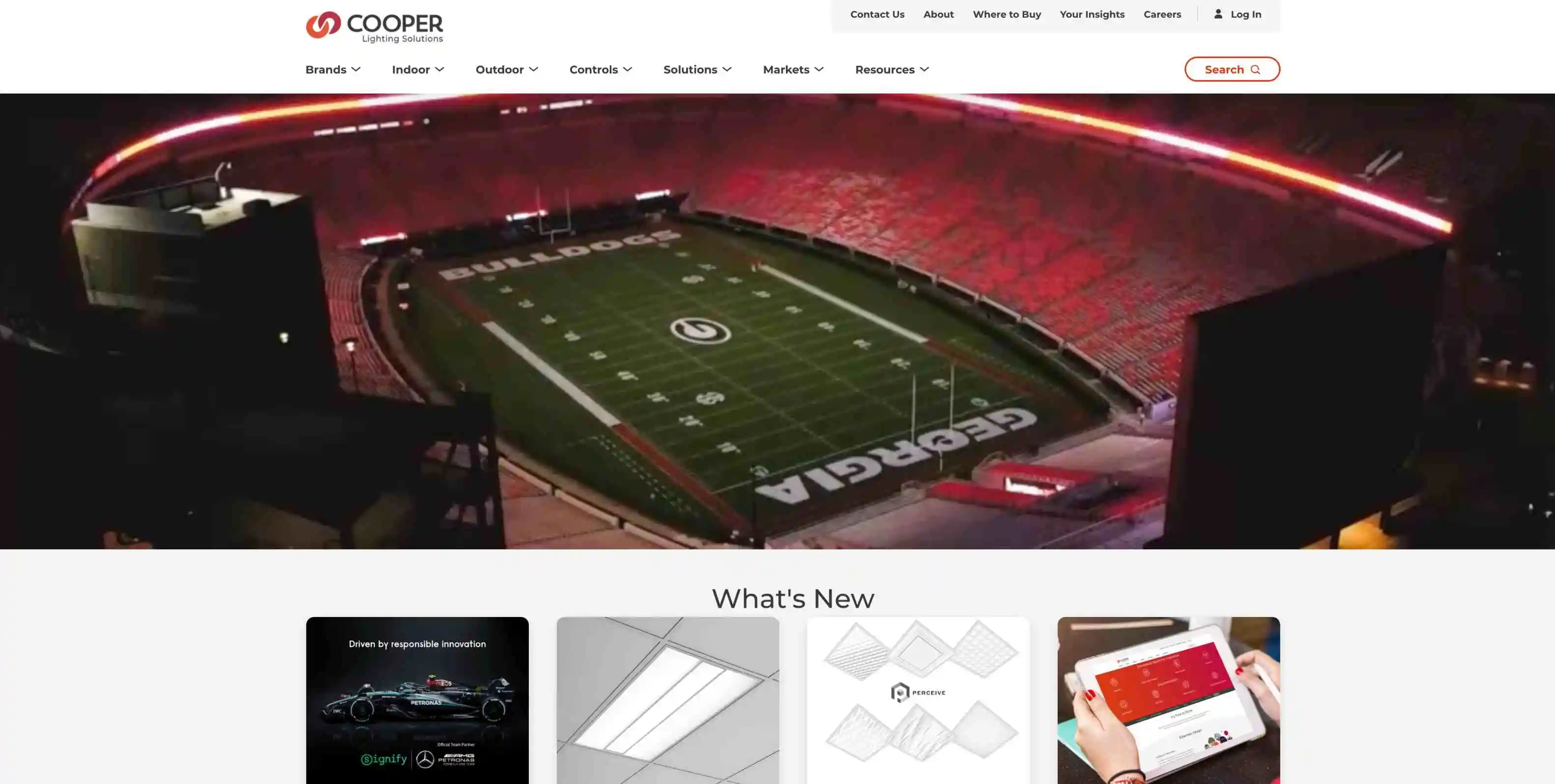 The website for a football stadium with Cooper Lighting company