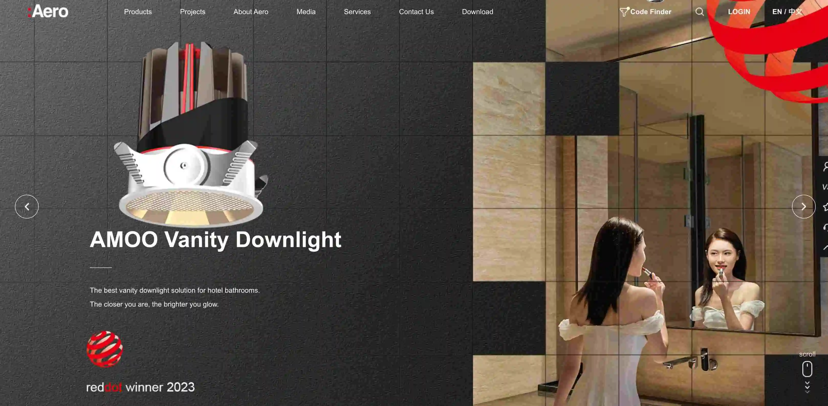 Website design for AMO Lighting showcasing modern and sleek Aero Light company products