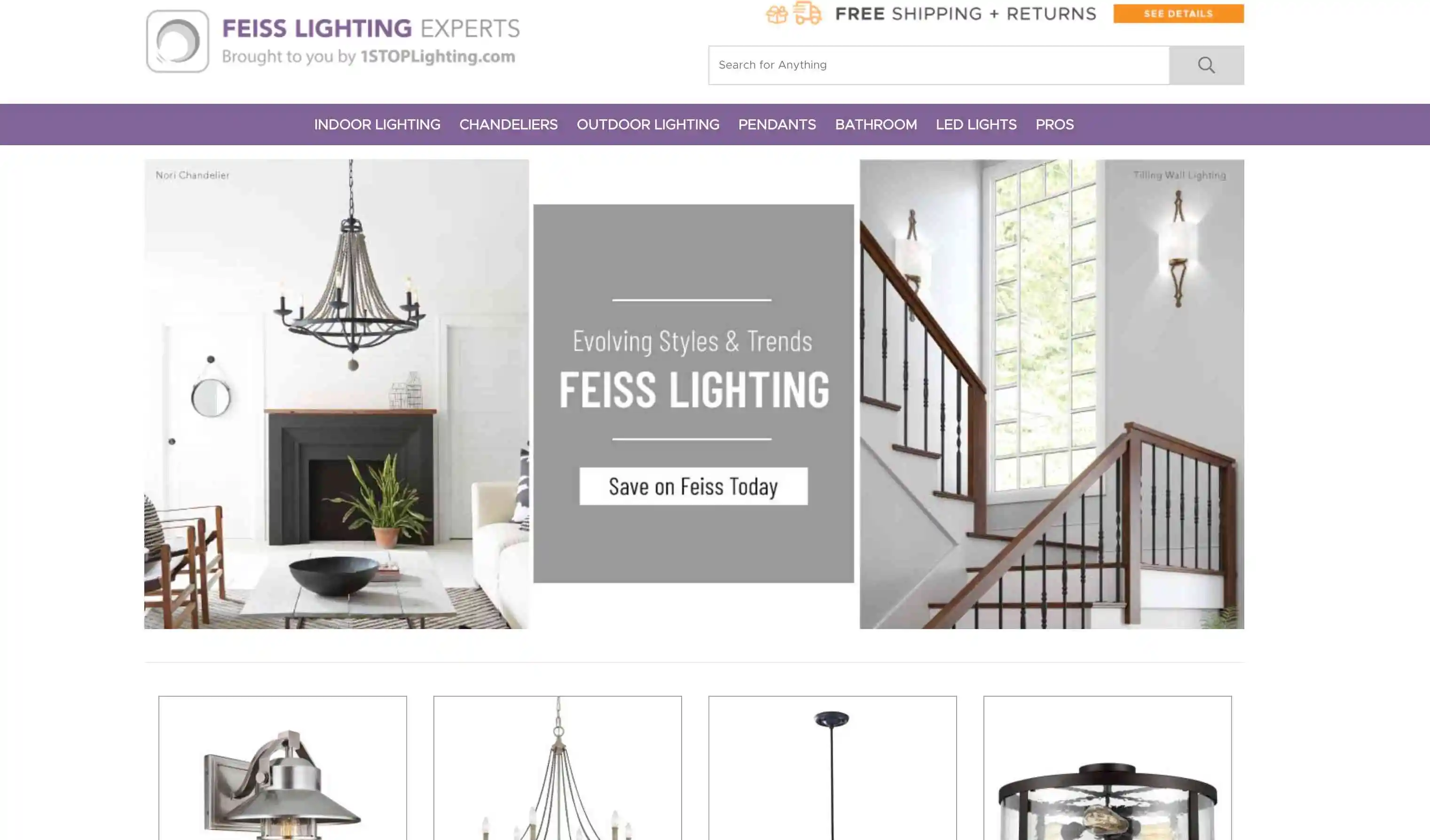 Website page for Feiss Lighting showcasing elegant outdoor lighting options by Murray Feiss Outdoor Lighting company