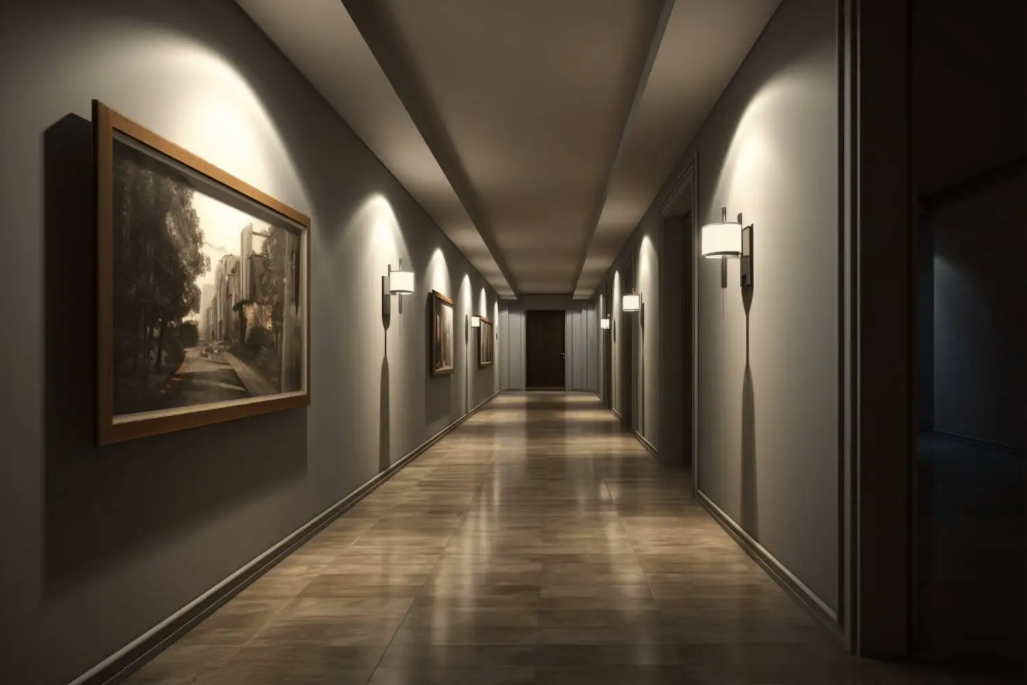Okuyucular için toprak koşullu temasını vurgulayan bir koridordaki stilize yer imi ışıkları