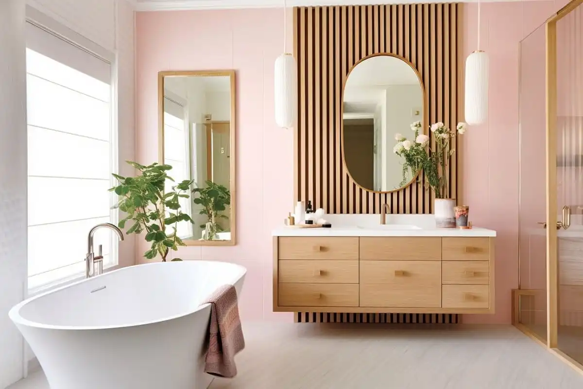 A bathroom with pink walls and wooden accents The image showcases bathroom lighting ideas to brighten the space