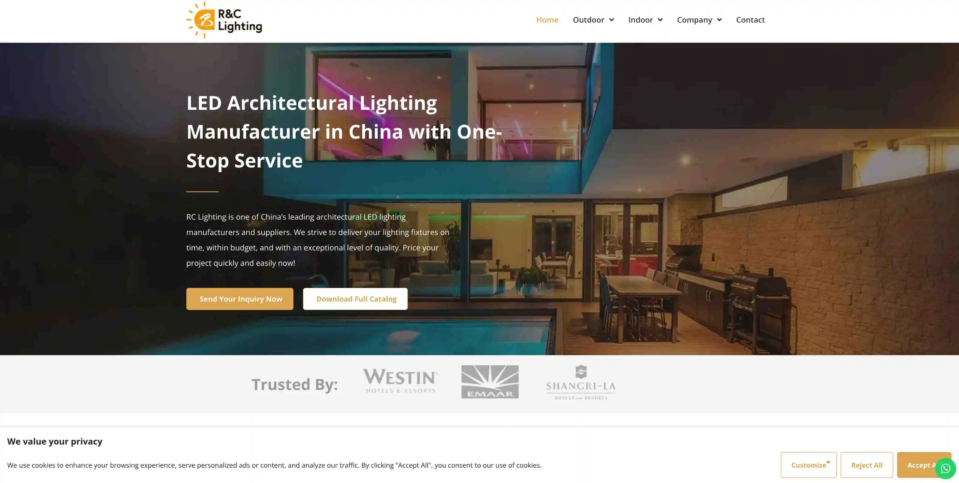 A sleek and modern website design for RC Lighting company showcasing various lighting products