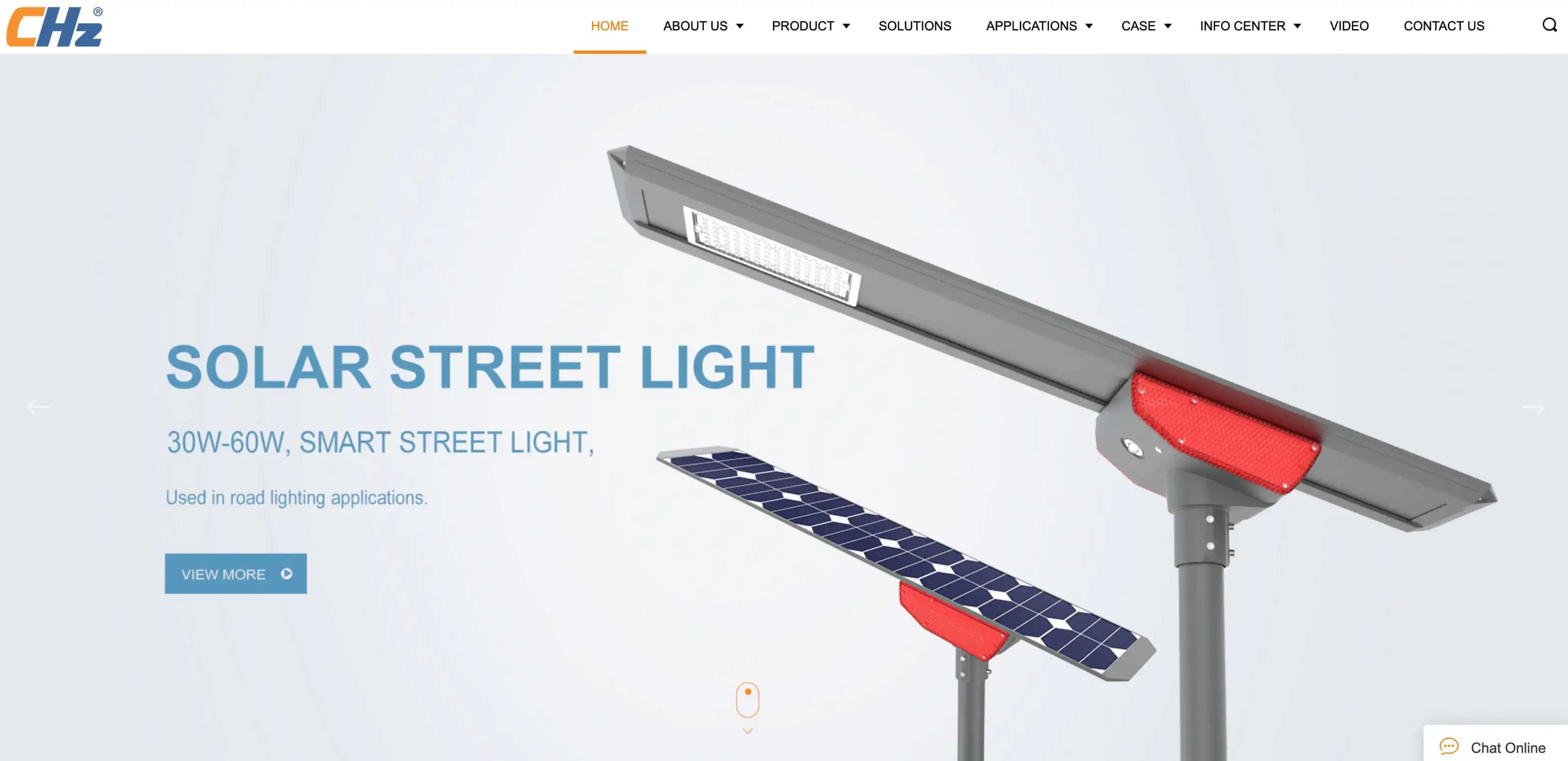 CHZ Lightings solar street light webpage showcasing energy efficient outdoor lighting solutions