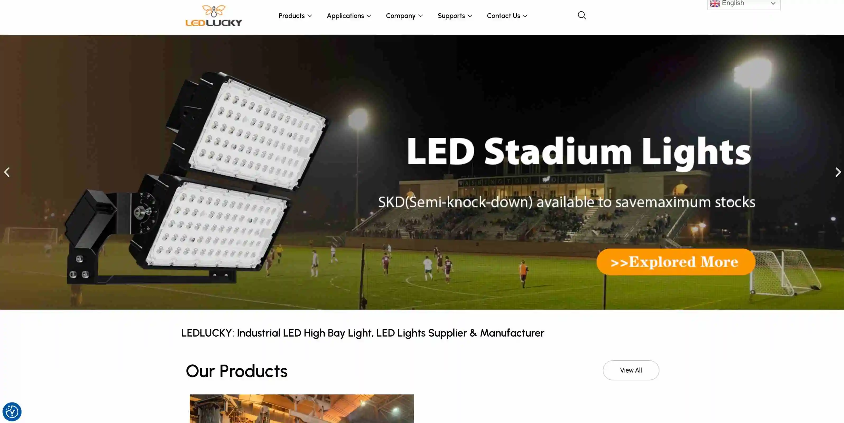 Homepage of LEDLUCKY Holdings website showcasing a variety of high quality LED stadium lights