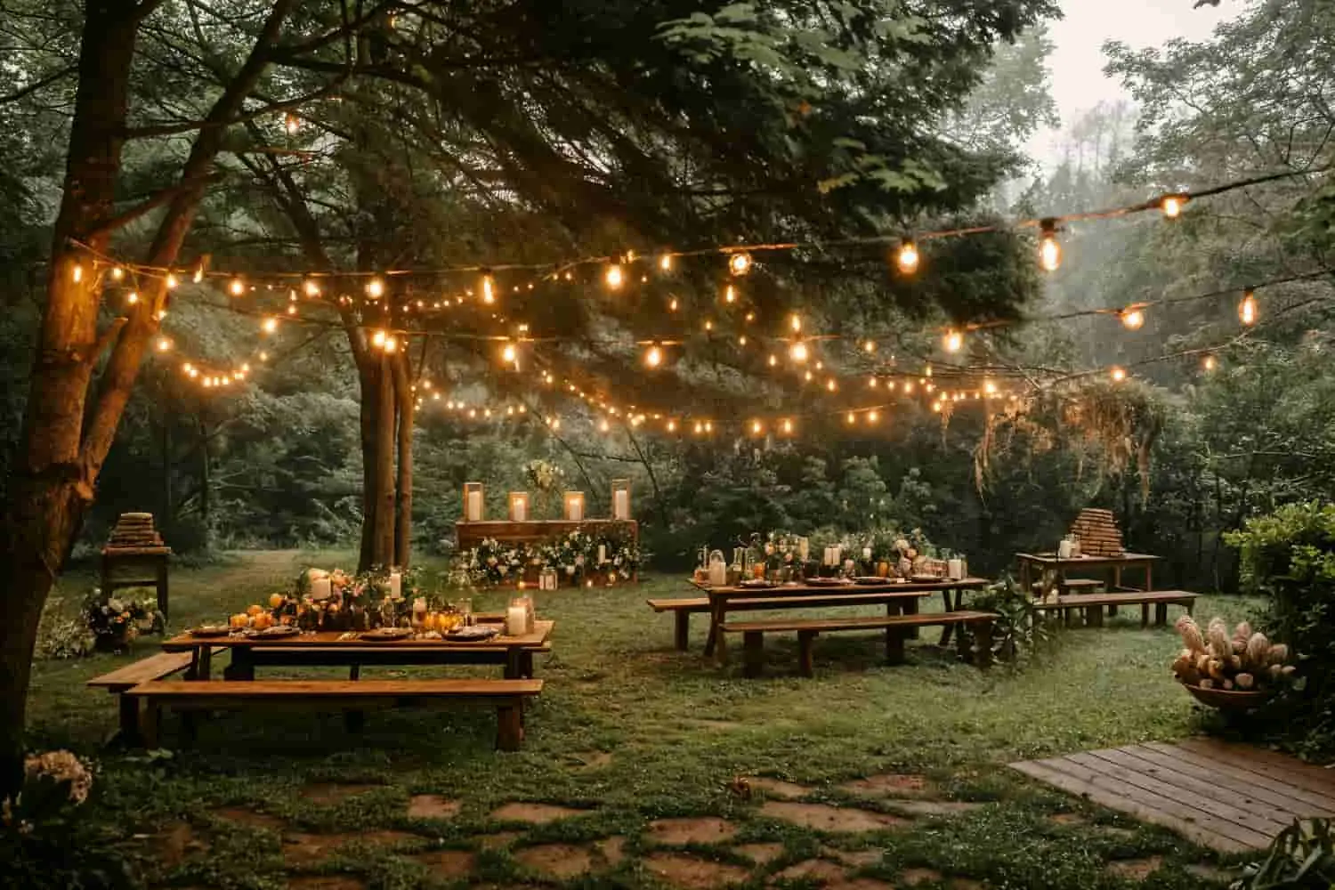 Outdoor wedding reception with string lights illuminating the garden Explore the Range of Garden LED Lights with Vorlane