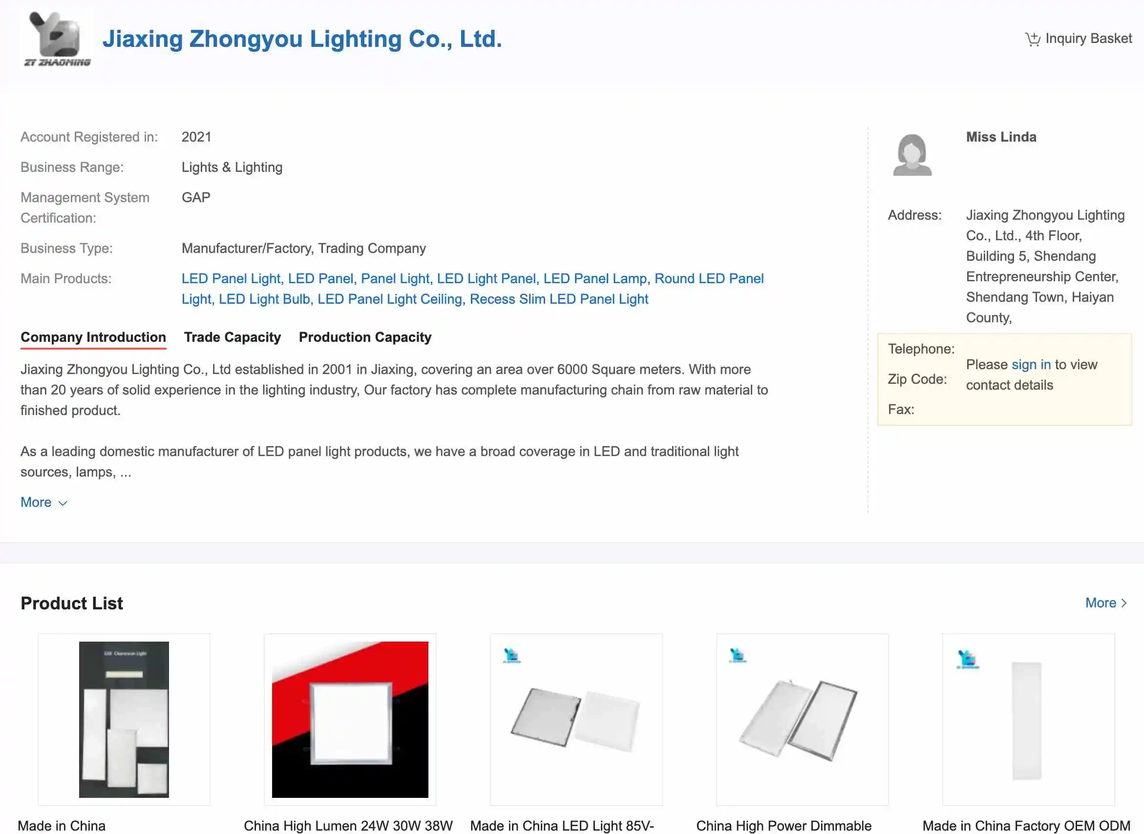 Screenshot of Zhongyou Lightings website Jingxing Lighting showcasing their products and services