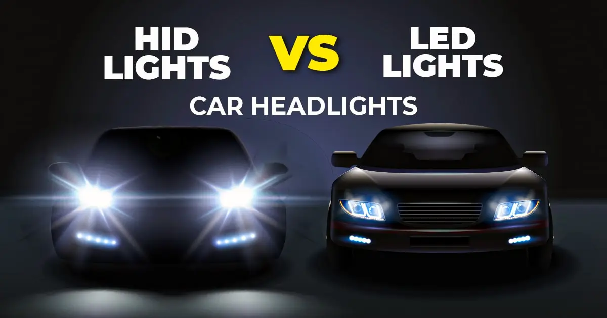 Two cars side by side one with HID lights and the other with regular headlights illuminating the road ahead