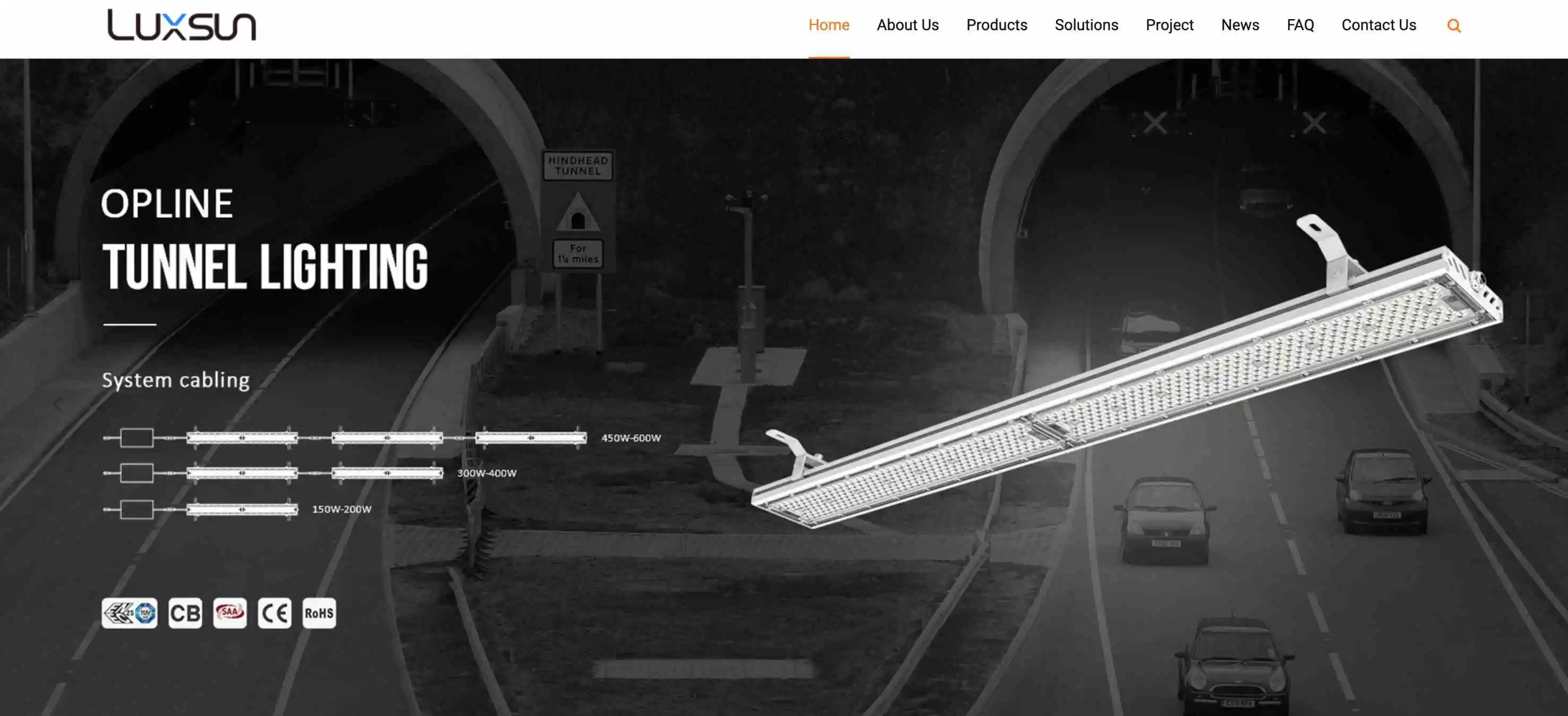 Website design for Luxsun Lighting showcasing tunnel lighting products and services