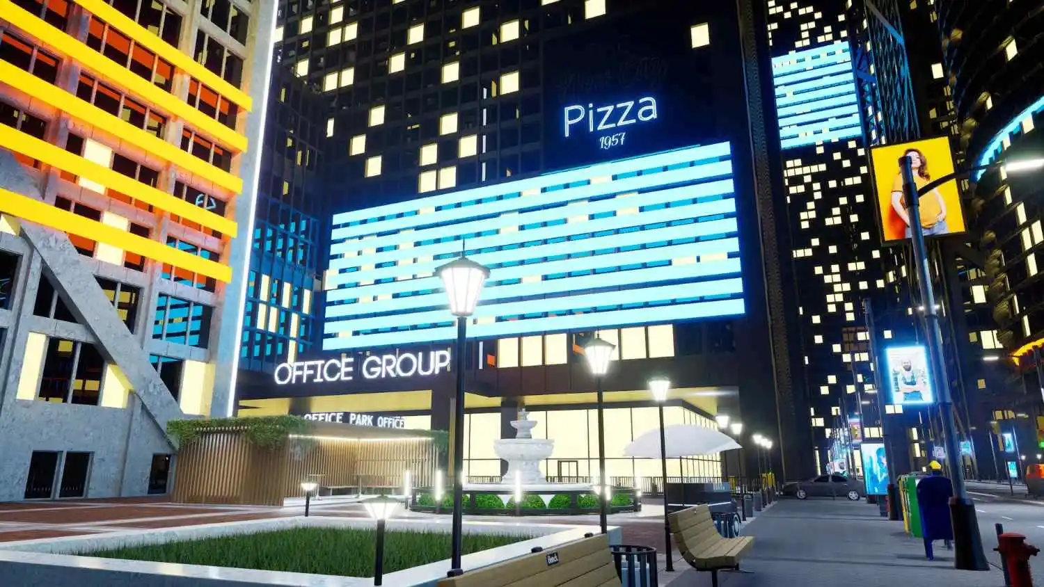 A bustling city street with a prominent neon sign shining brightly in the dark LED Lighting Commercial Applications