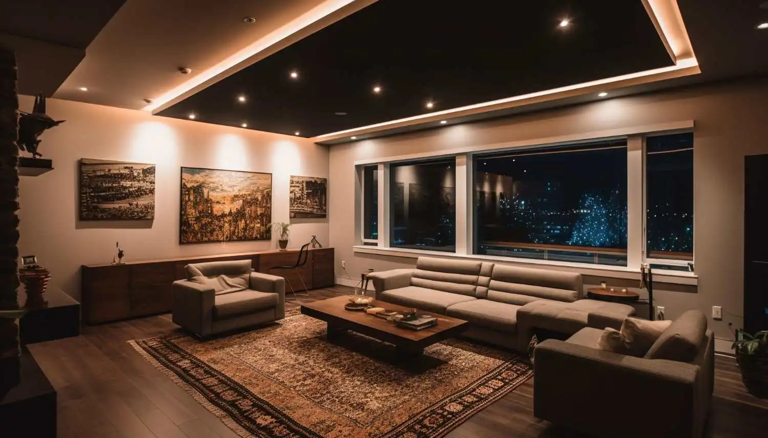 A modern living room with a large painting on the wall illuminated by LED lighting