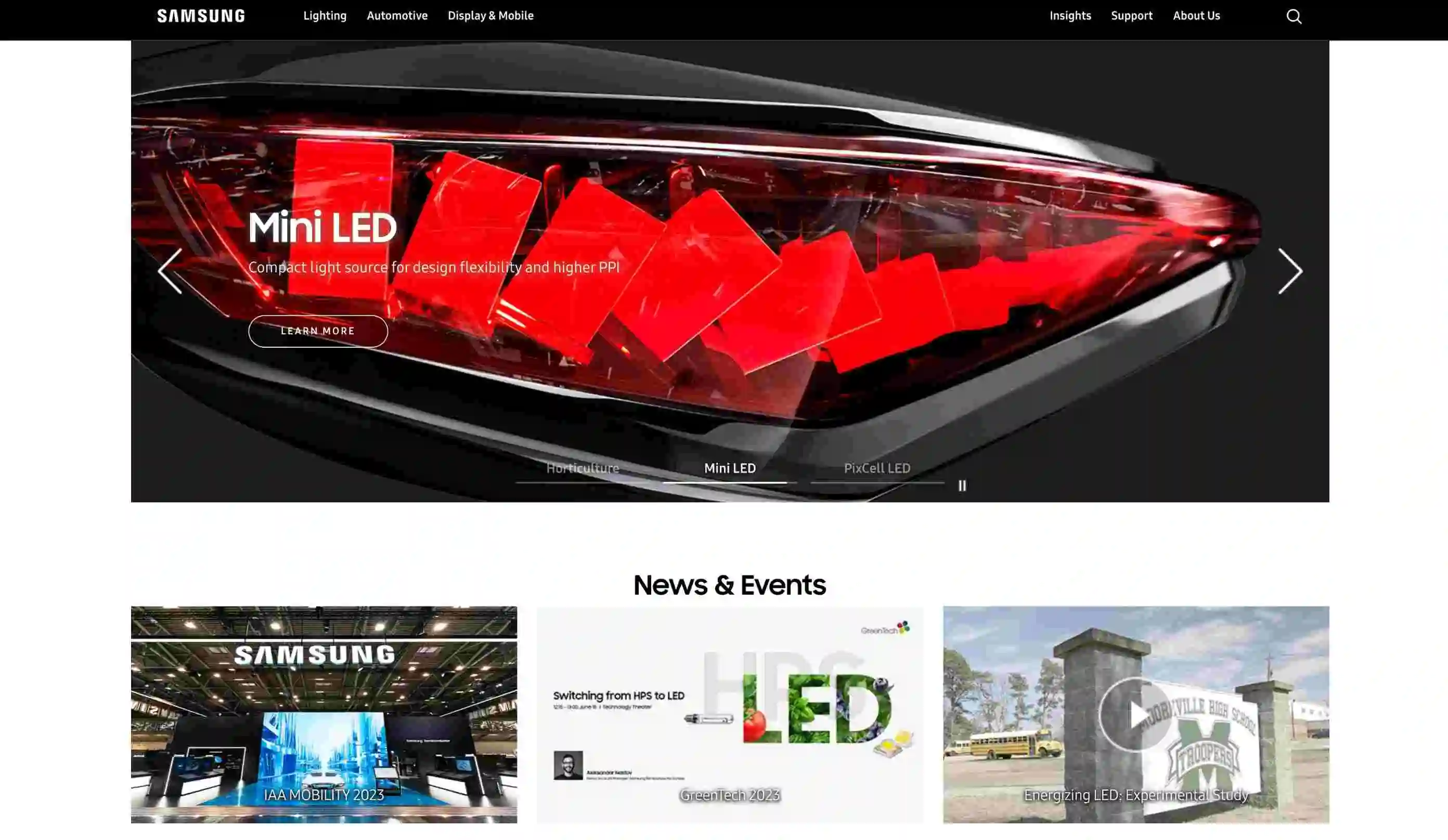 الصفحة الرئيسية لموقع الويب الخاص بشركة Samsung LED والتي تسلط الضوء على حلول الإضاءة LED المبتكرة الخاصة بها