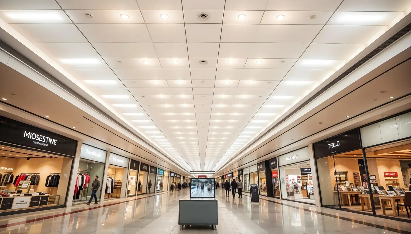 Large commercial space illuminated by LED panel lights